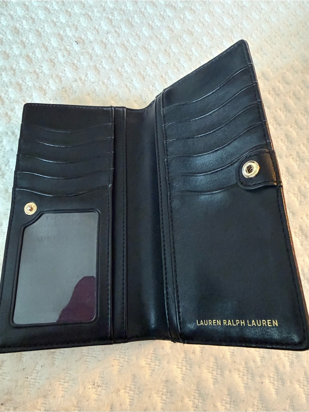 Lauren Ralph Lauren Black Leather Flap Wallet with Gold Hardware